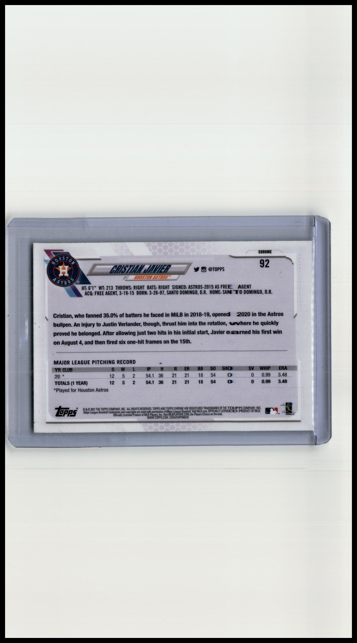 2021 Topps Chrome Ben Baller Edition #92 Cristian Javier