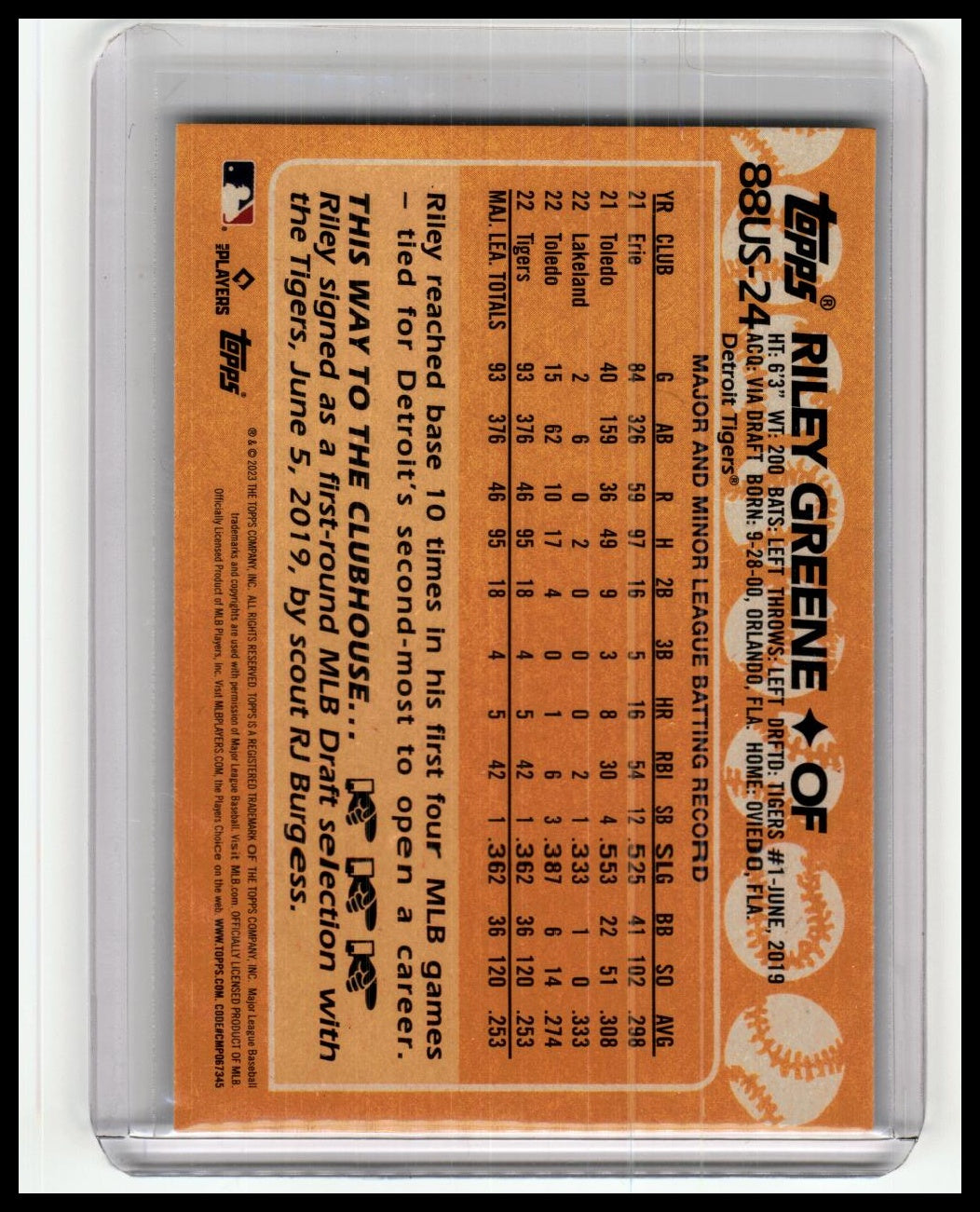 2023 Topps Update #88US-24 Riley Greene 1988 Topps Baseball