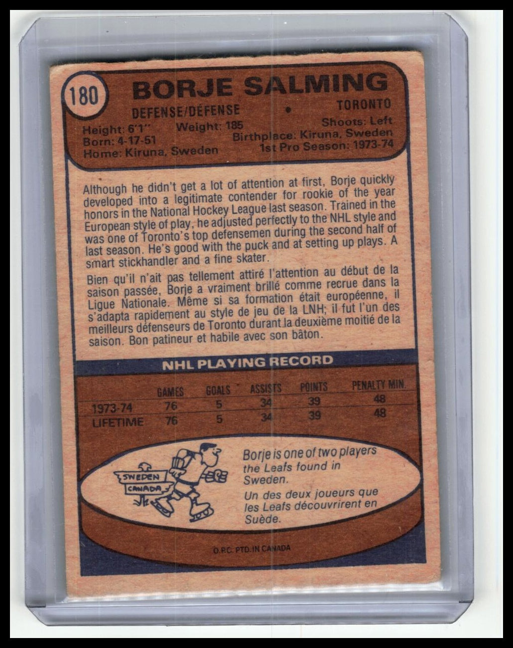 1974-75 Topps #180 Borje Salming
