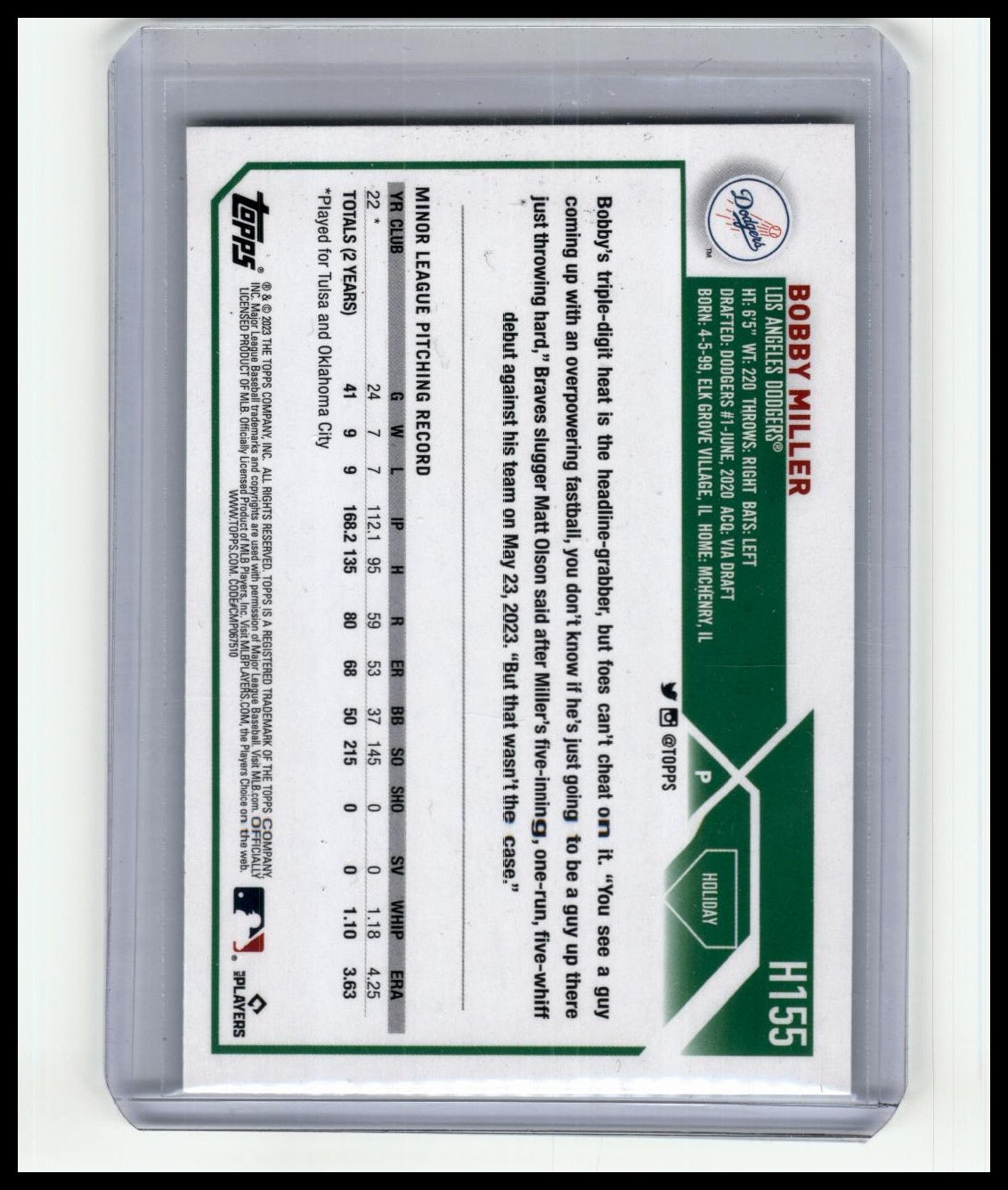 2023 Topps Update #US188 Bobby Miller Oversize Companion Cards