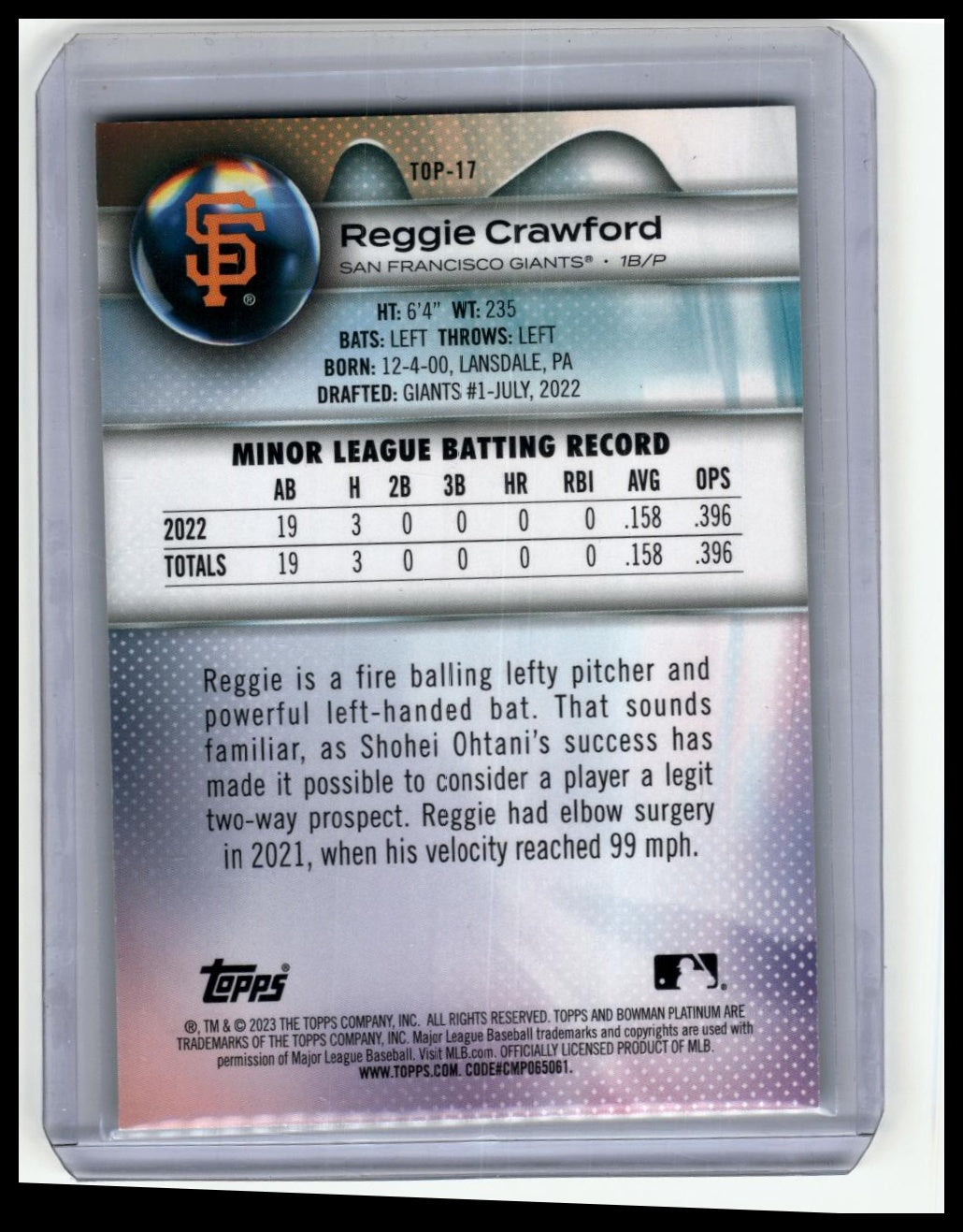 2023 Bowman Platinum #TOP-17 Reggie Crawford Top Prospects Ice Foil