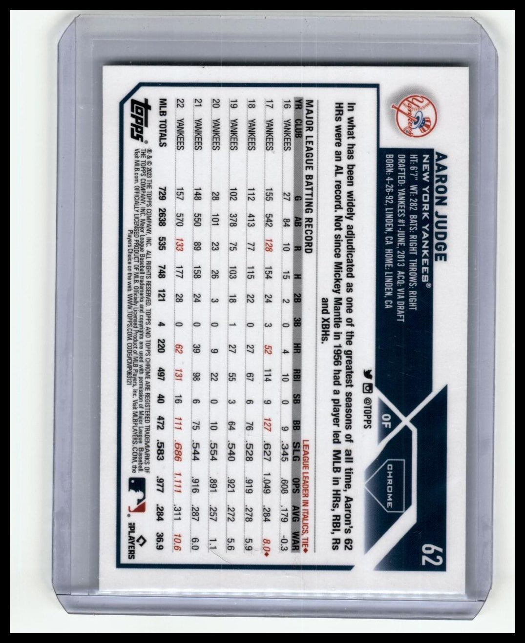 2023 Topps Chrome #62 Aaron Judge Silver Refractor #/150VER