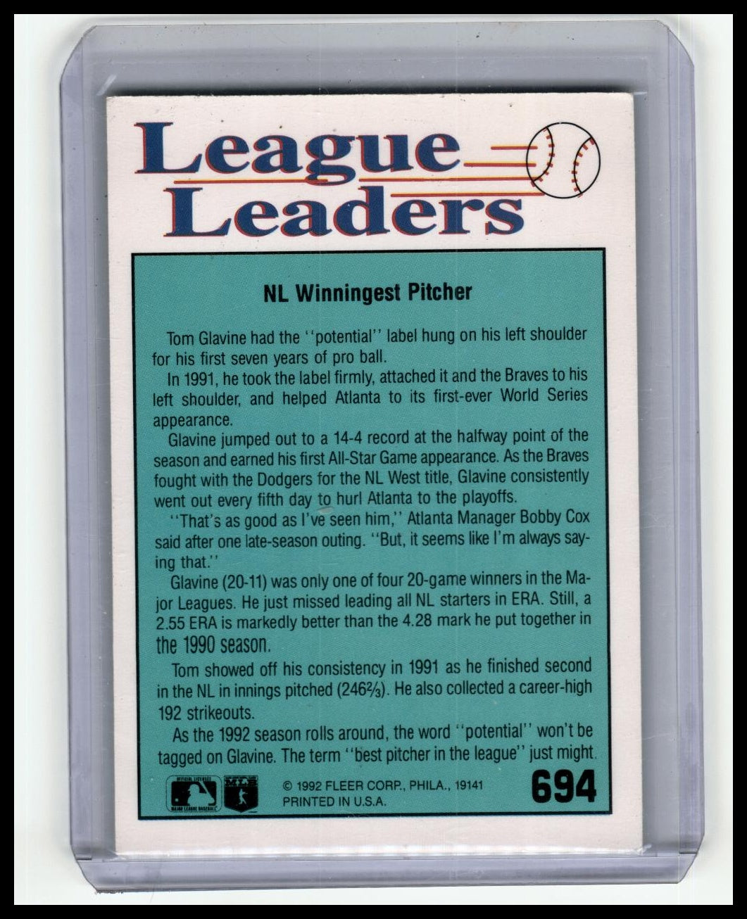 1992 Fleer #694 Tom Glavine