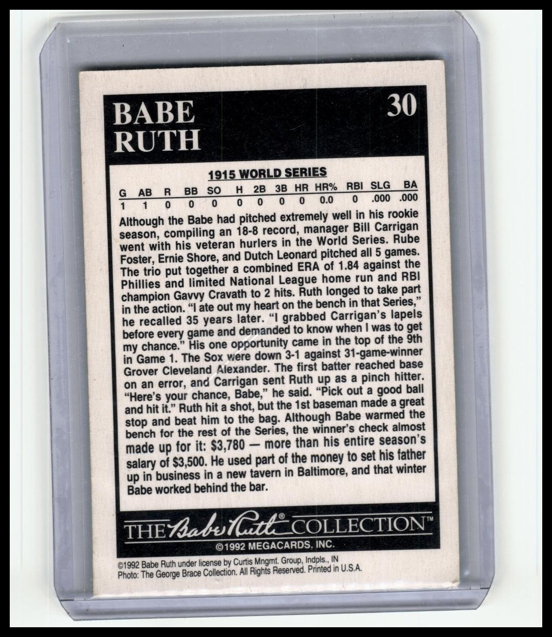 1992 Megacards Babe Ruth #30 Warms Bench after 18-8 Season