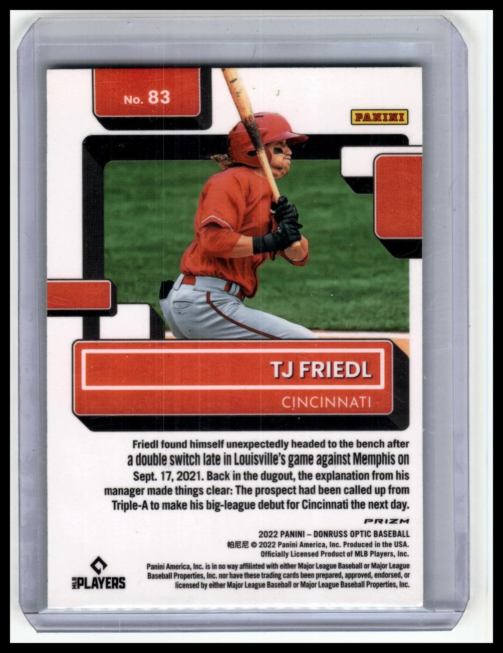2022 Donruss Optic #83 TJ Friedl Carolina Blue Prizm #/50