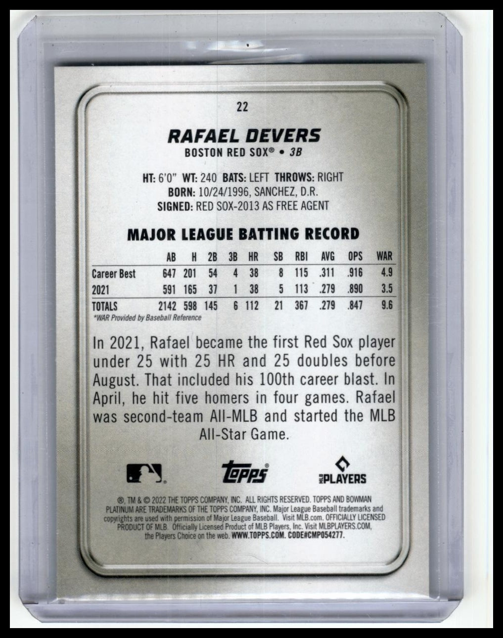 2022 Bowman Platinum #22 Rafael Devers Emerald Ice Foilboard #/299