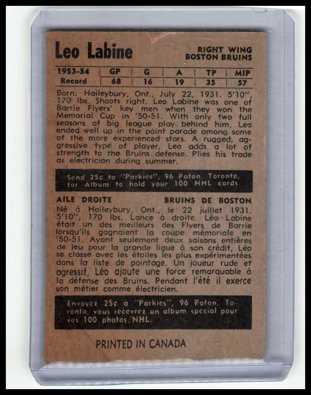 1954-55 Parkhurst #61 Leo Labine Lucky Premium Card