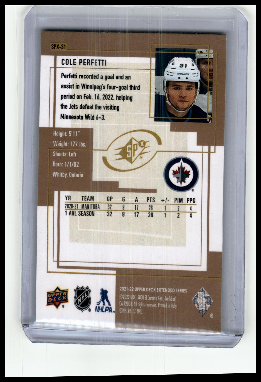 2021-22 Upper Deck #SPX-31 Cole Perfetti 1999-00 SPx Retro