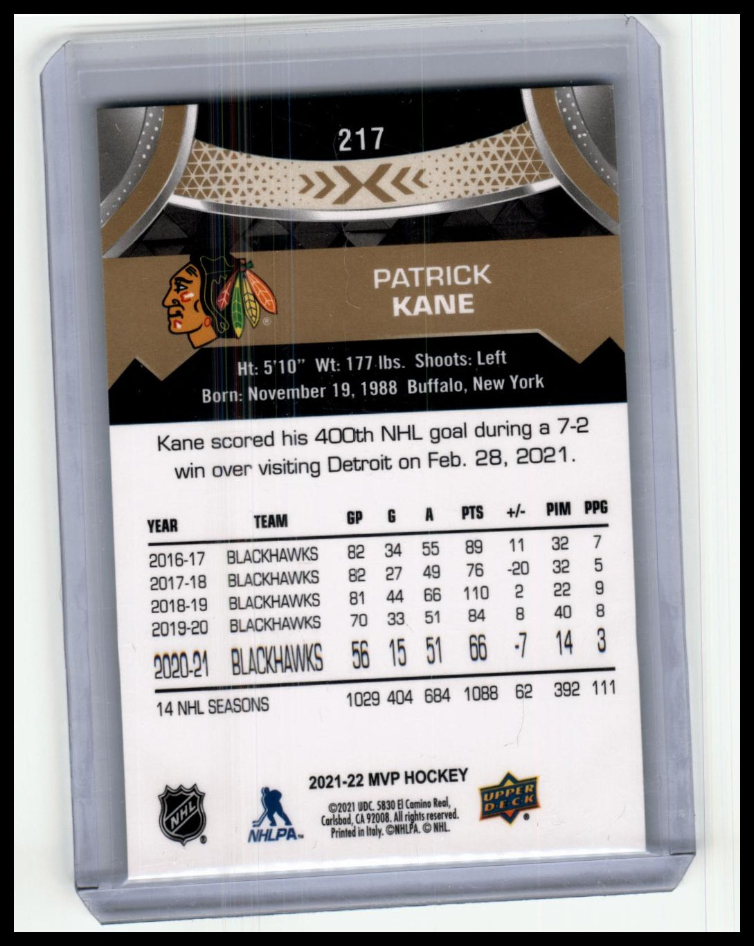 2021-22 Upper Deck MVP #217 Patrick Kane Gold Script
