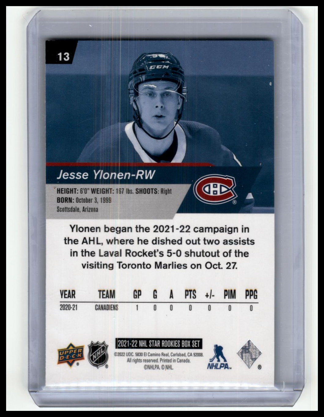 2021-22 Upper Deck NHL Star Rookies Box Set #13 Jesse Ylonen