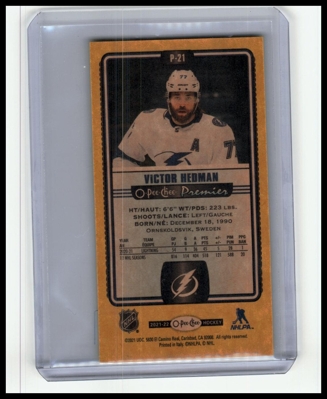 2021-22 O-Pee-Chee #P-21 Victor Hedman O-Pee-Chee Premier Tallboys Yellow Border