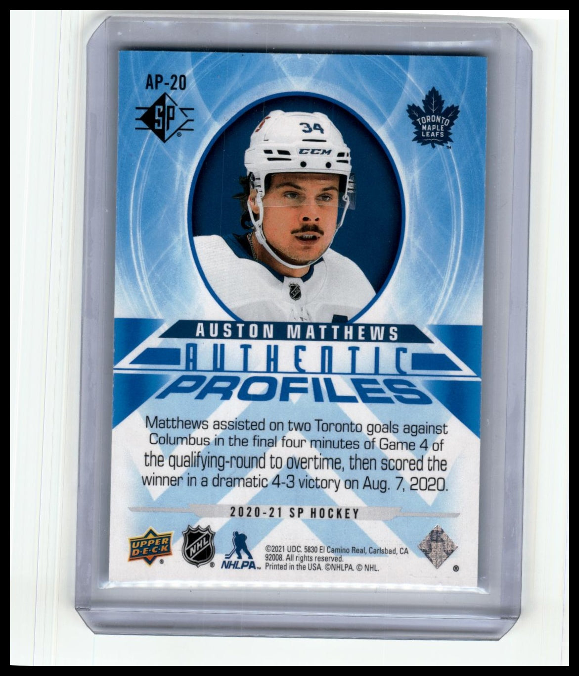 2020-21 SP #AP-20 Auston Matthews Authentic Profiles Blue