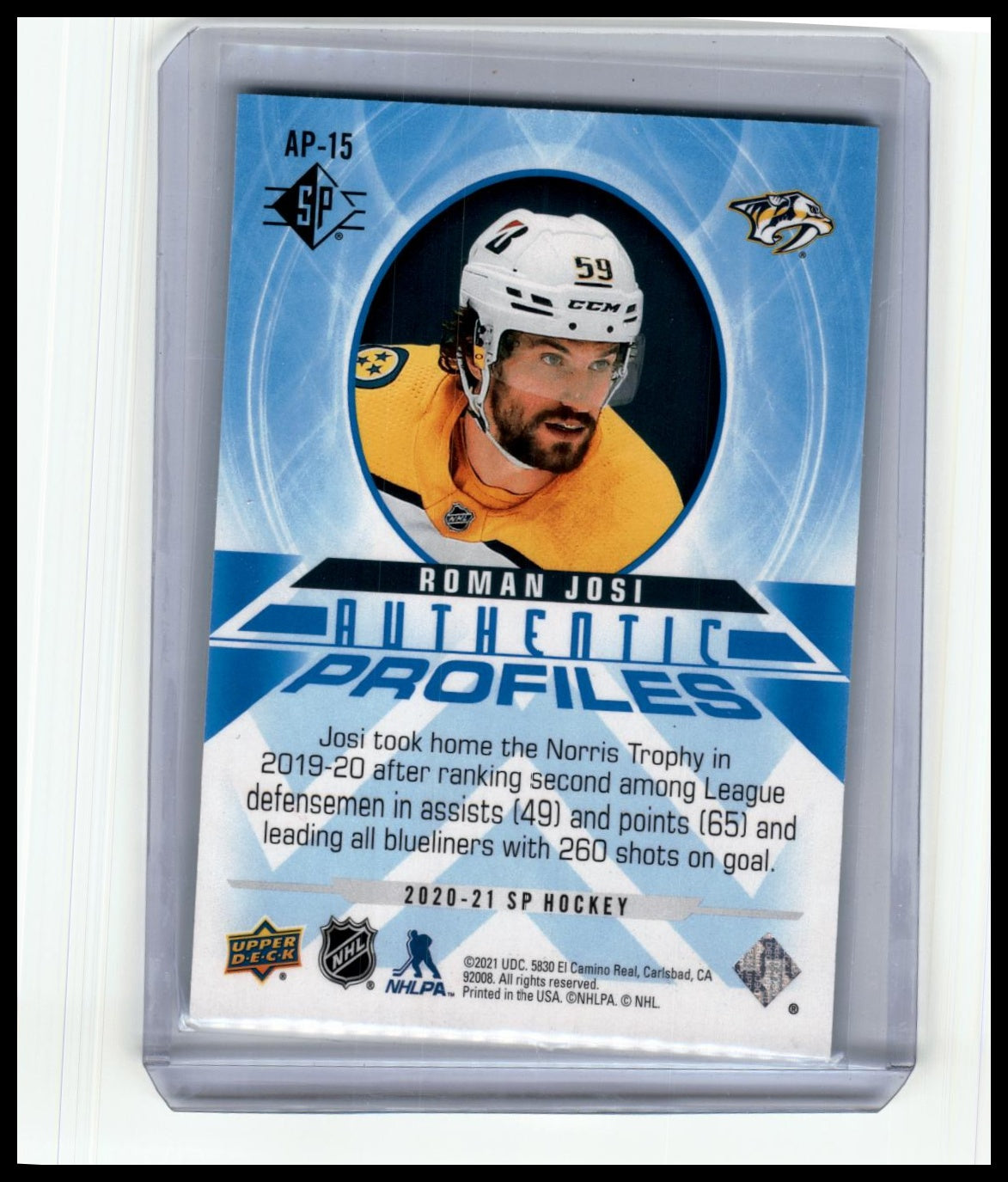 2020-21 SP #AP-15 Roman Josi Authentic Profiles Gold #/999
