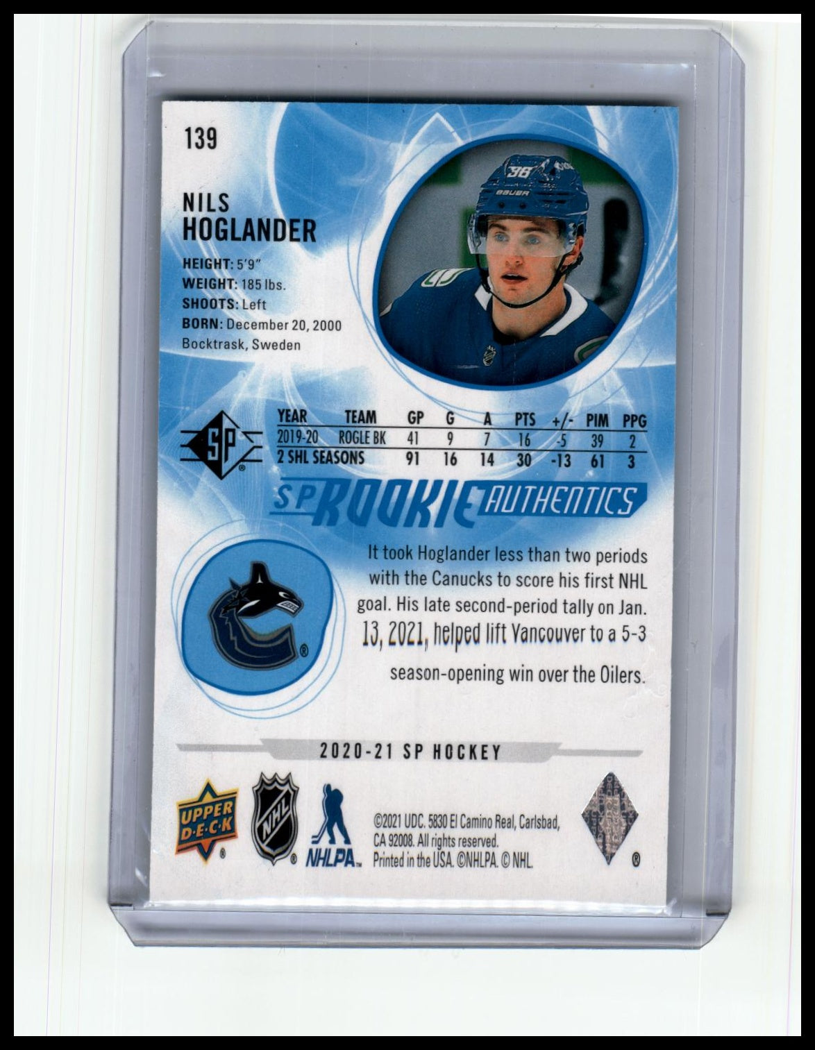 2020-21 SP #139 Nils Hoglander Blue