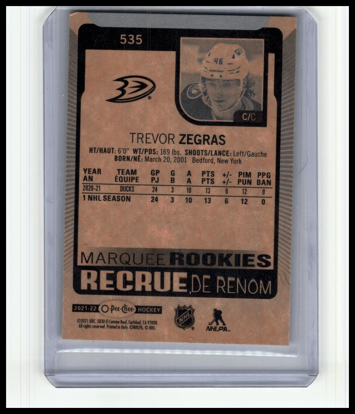 2021-22 O-Pee-Chee #535 Trevor Zegras Pee-Chee - Blue Border
