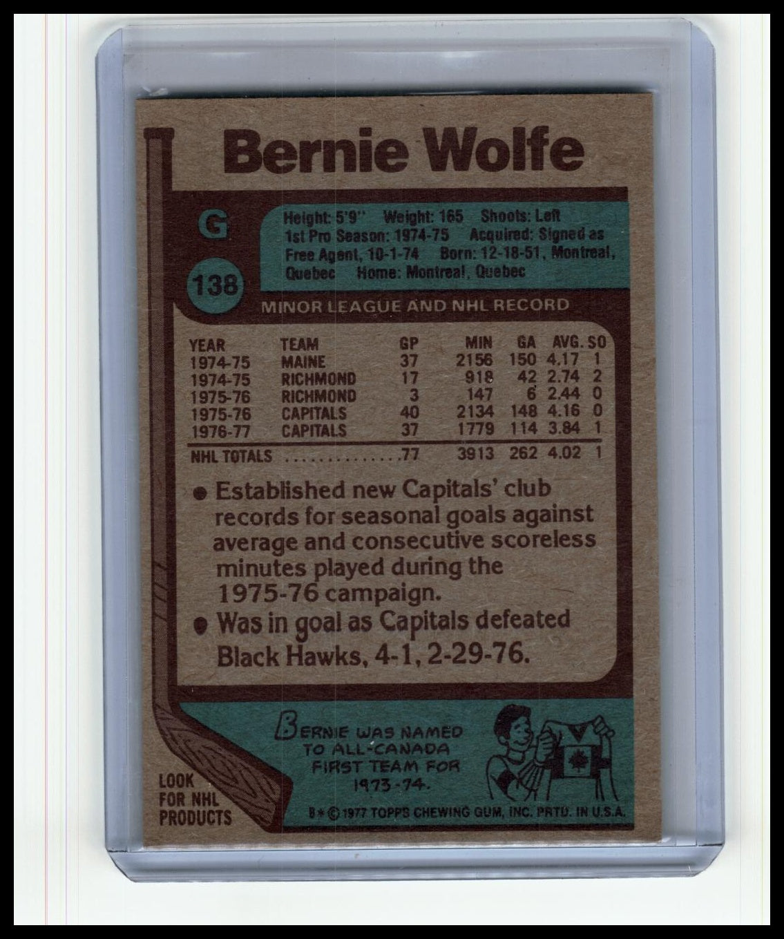 1977-78 Topps #138b Bernie Wolfe