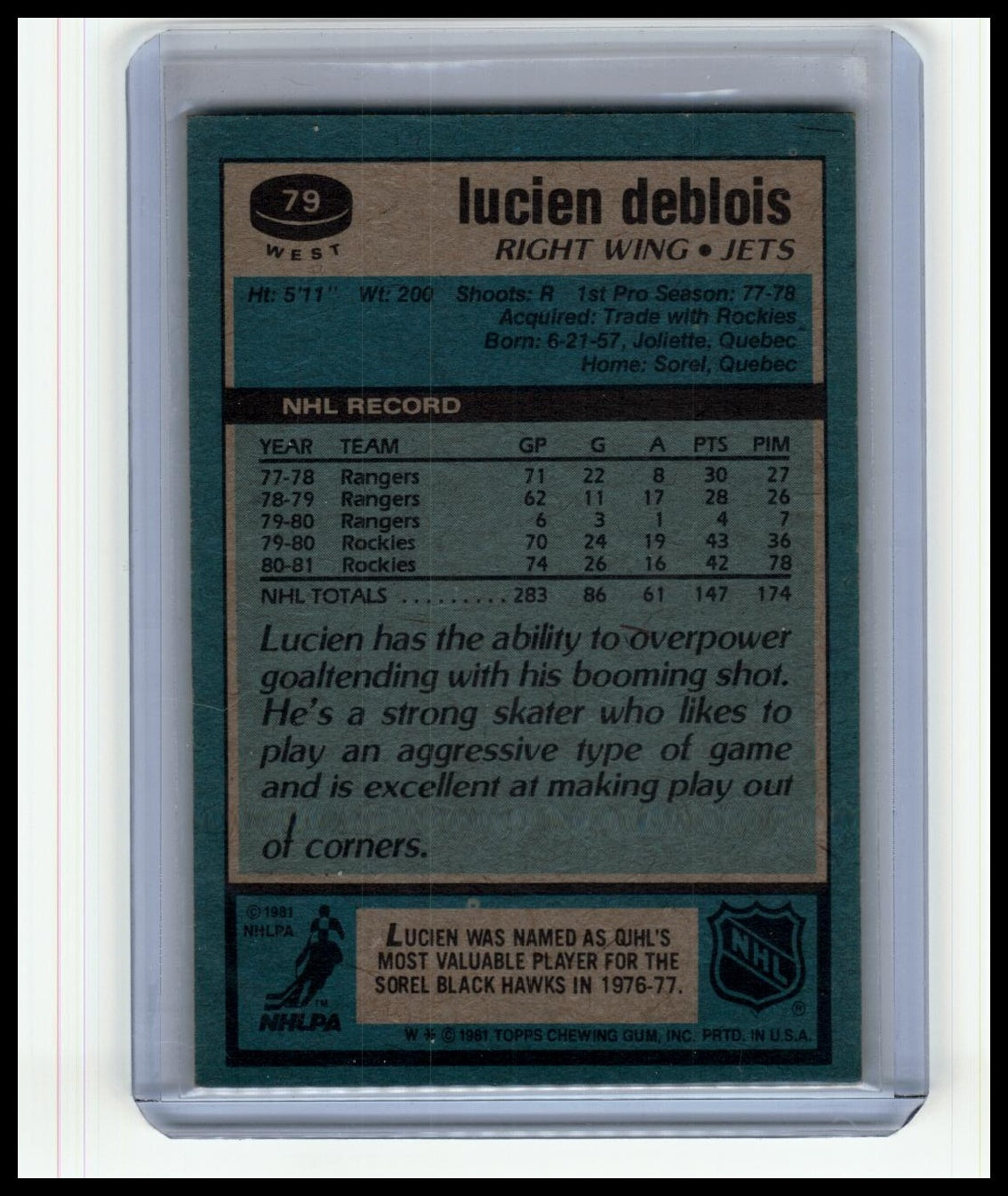 1981-82 Topps #W79 Lucien DeBlois