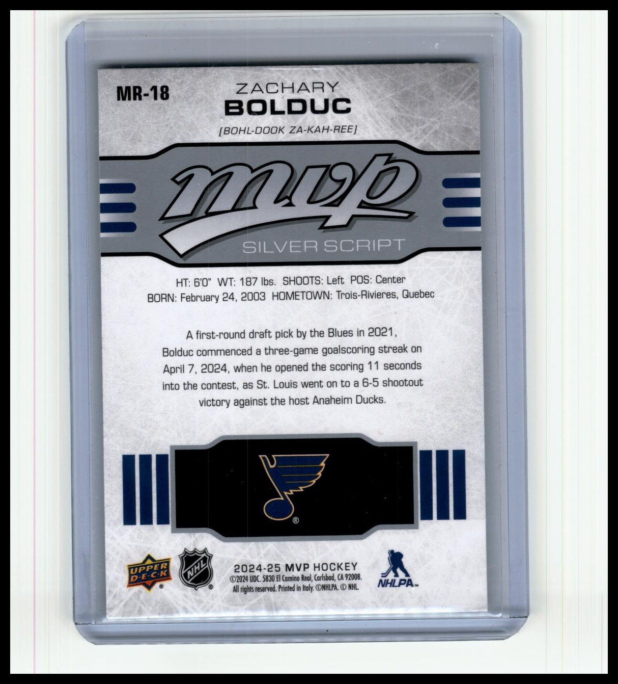 2024-25 Upper Deck MVP #MR-18 Zachary Bolduc 10th Anniversary Gold Script