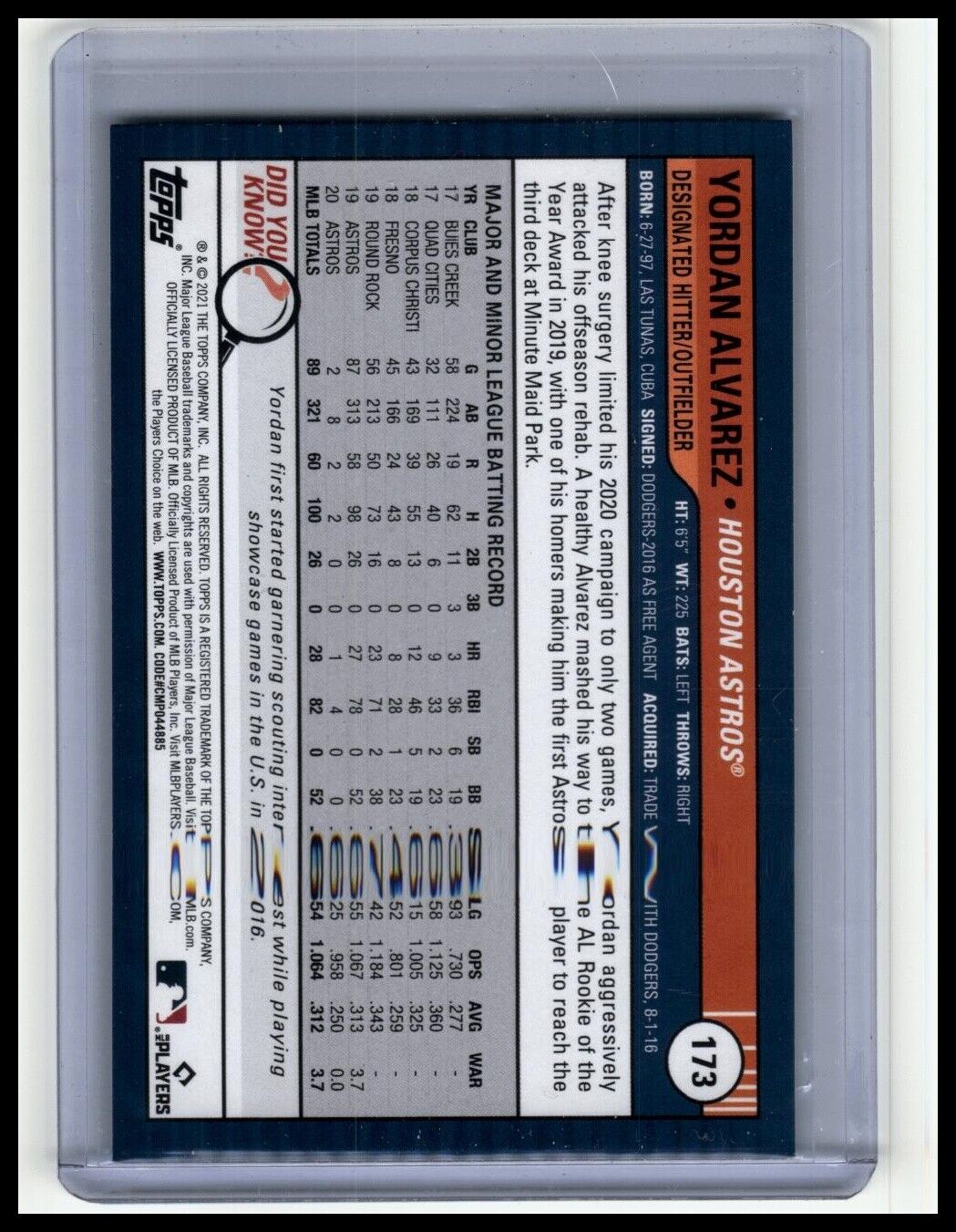 2021 Topps Big League #173 Yordan Alvarez Orange