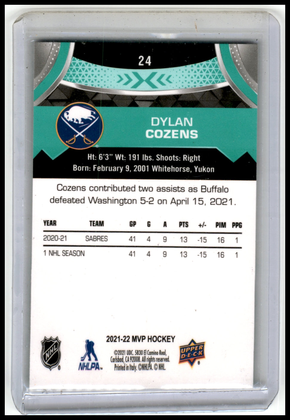 2021-22 Upper Deck MVP #24 Dylan Cozens Blue