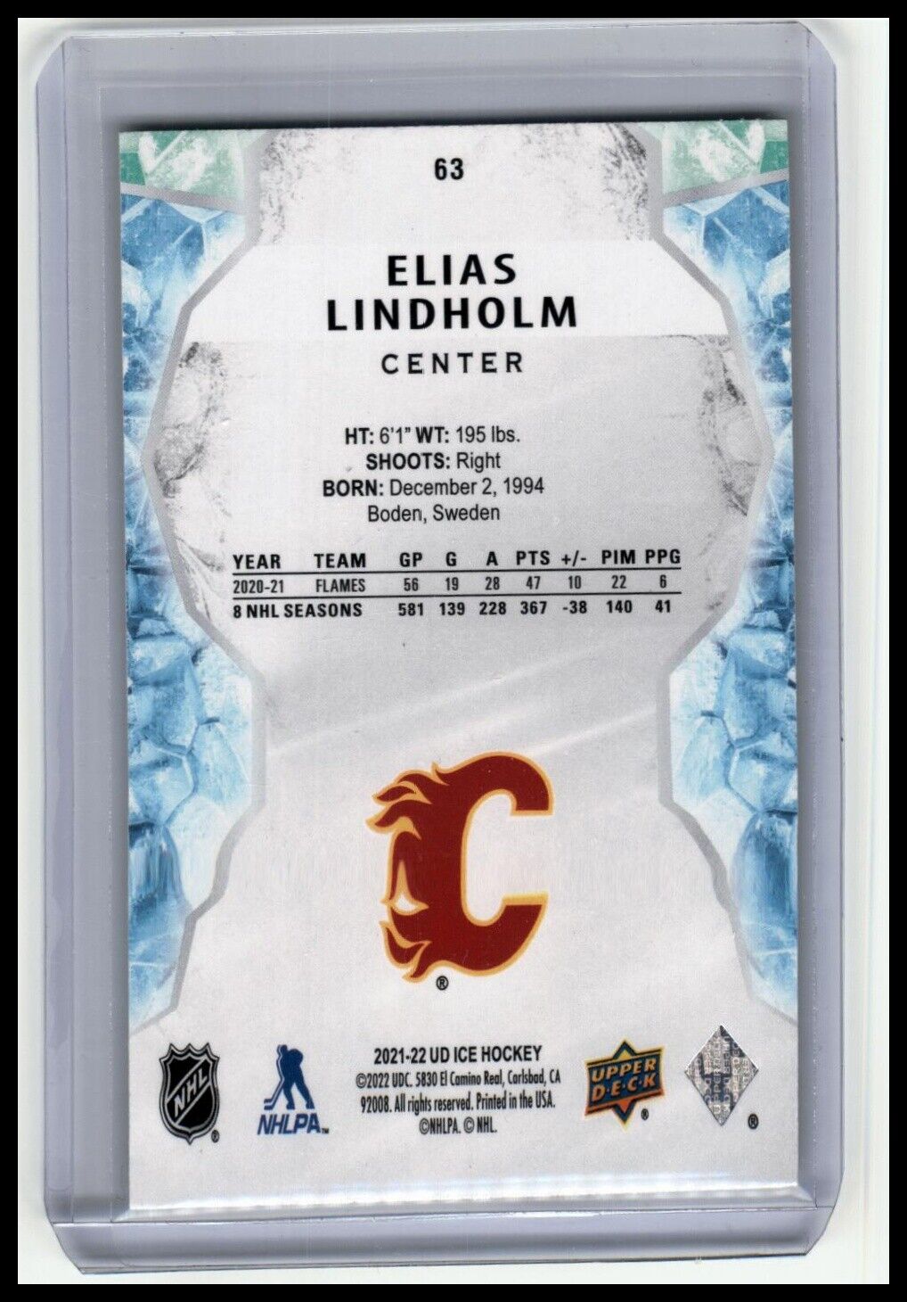 2021-22 Upper Deck Ice #63 Elias Lindholm Green
