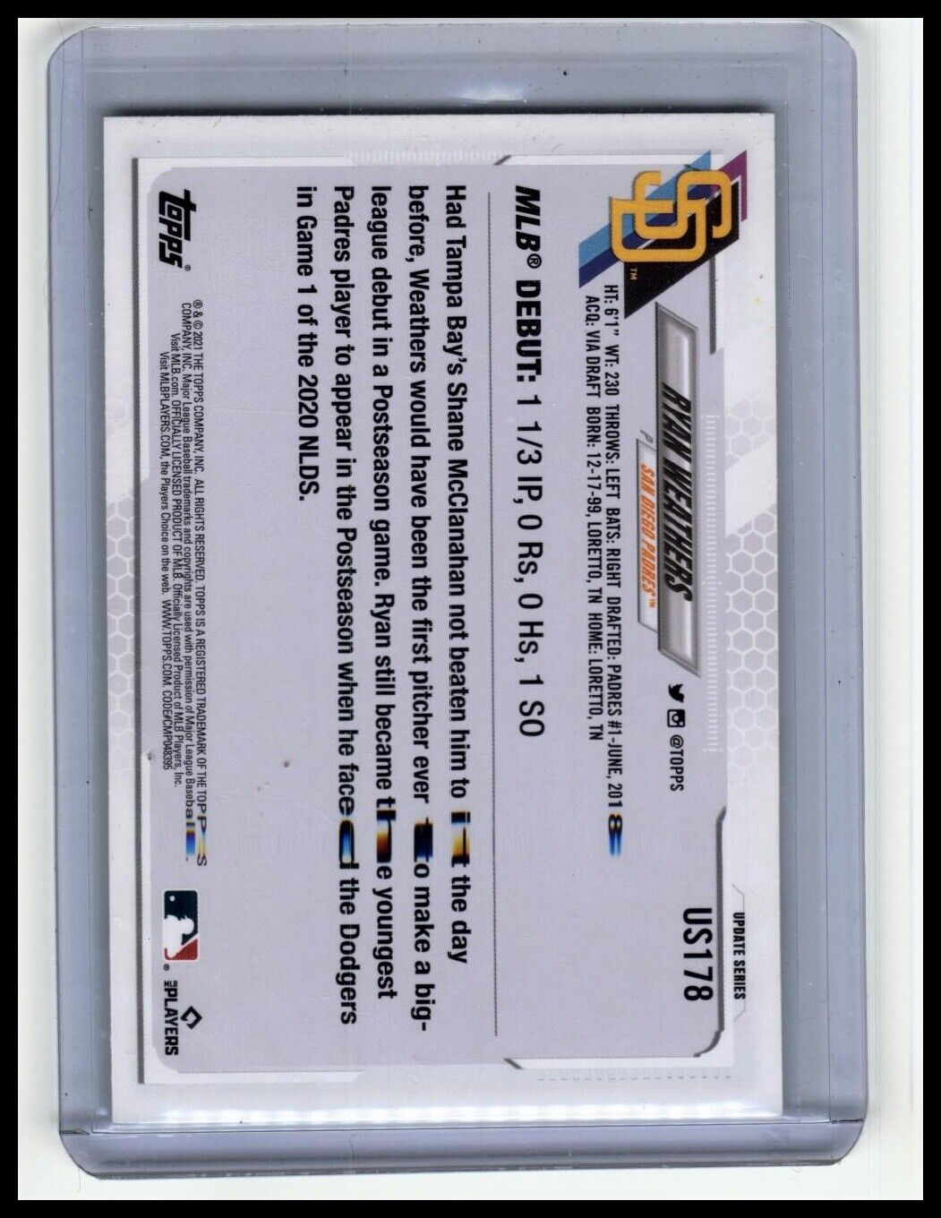 2021 Topps Update #US178 Ryan Weathers Rainbow Foil