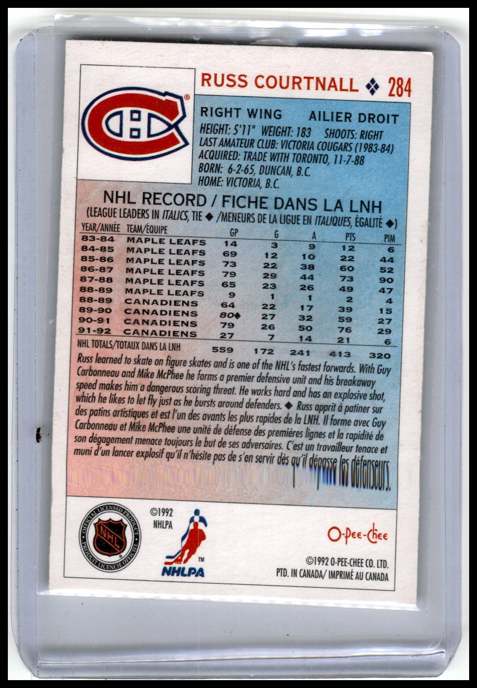 1992-93 O-Pee-Chee #284 Russ Courtnall