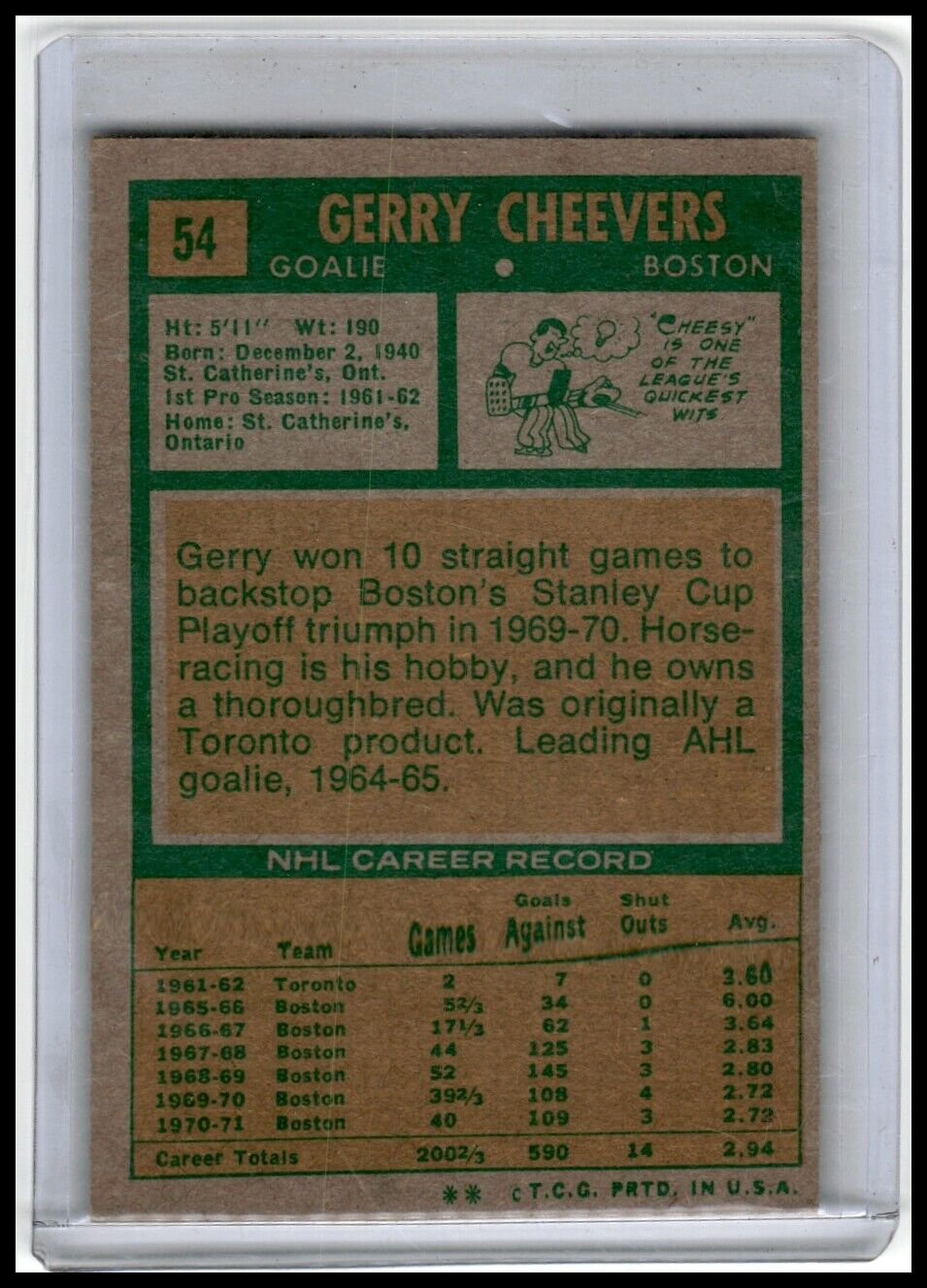 1971-72 Topps #54 Gerry Cheevers