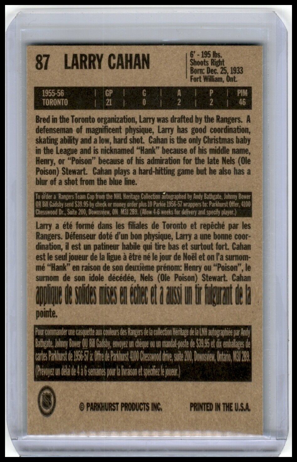 1994 Parkhurst Missing Link 1956-57 #87 Larry Cahan