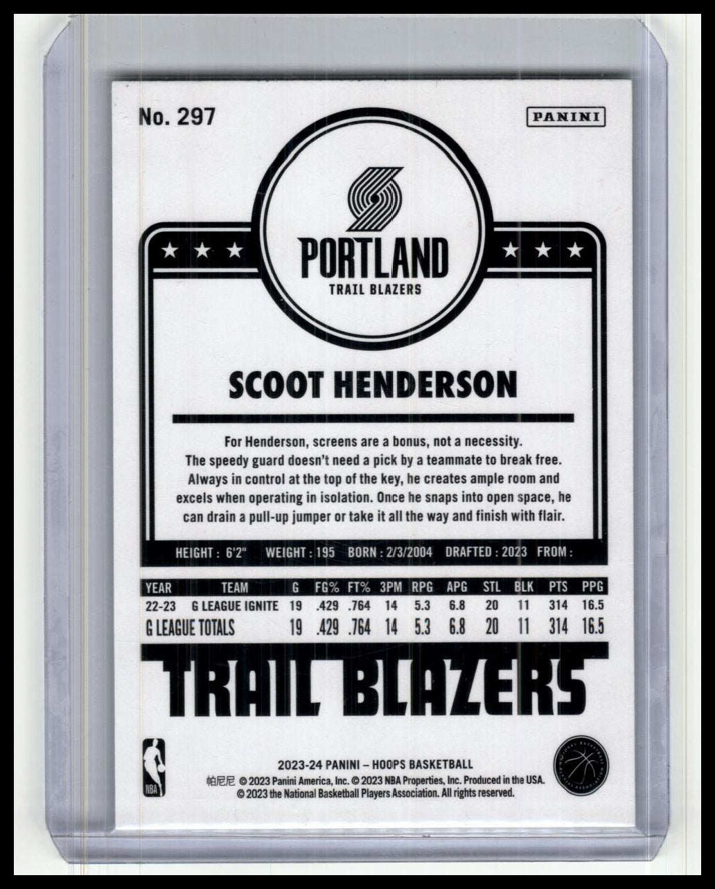 2023-24 Hoops #297 Scoot Henderson Blue