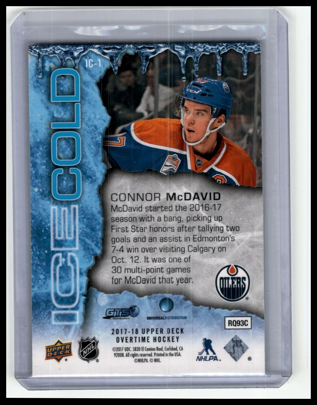 2017-18 Upper Deck Overtime #IC-1 Connor McDavid Ice Cold