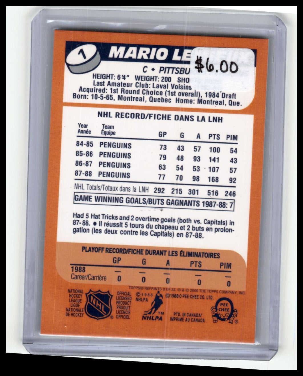 1988-89 Topps #1 Mario Lemieux