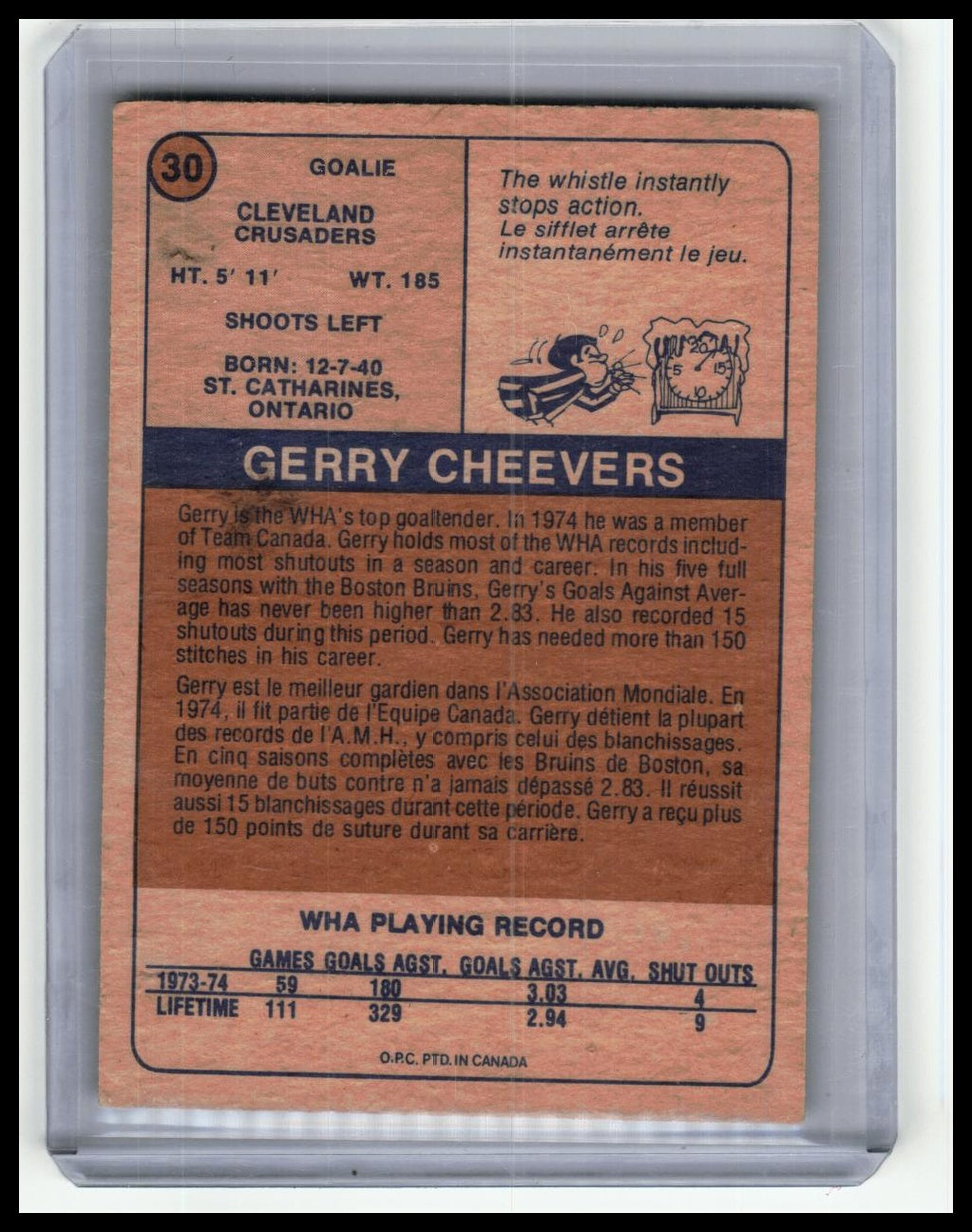 1974-75 O-Pee-Chee WHA #30 Gerry Cheevers