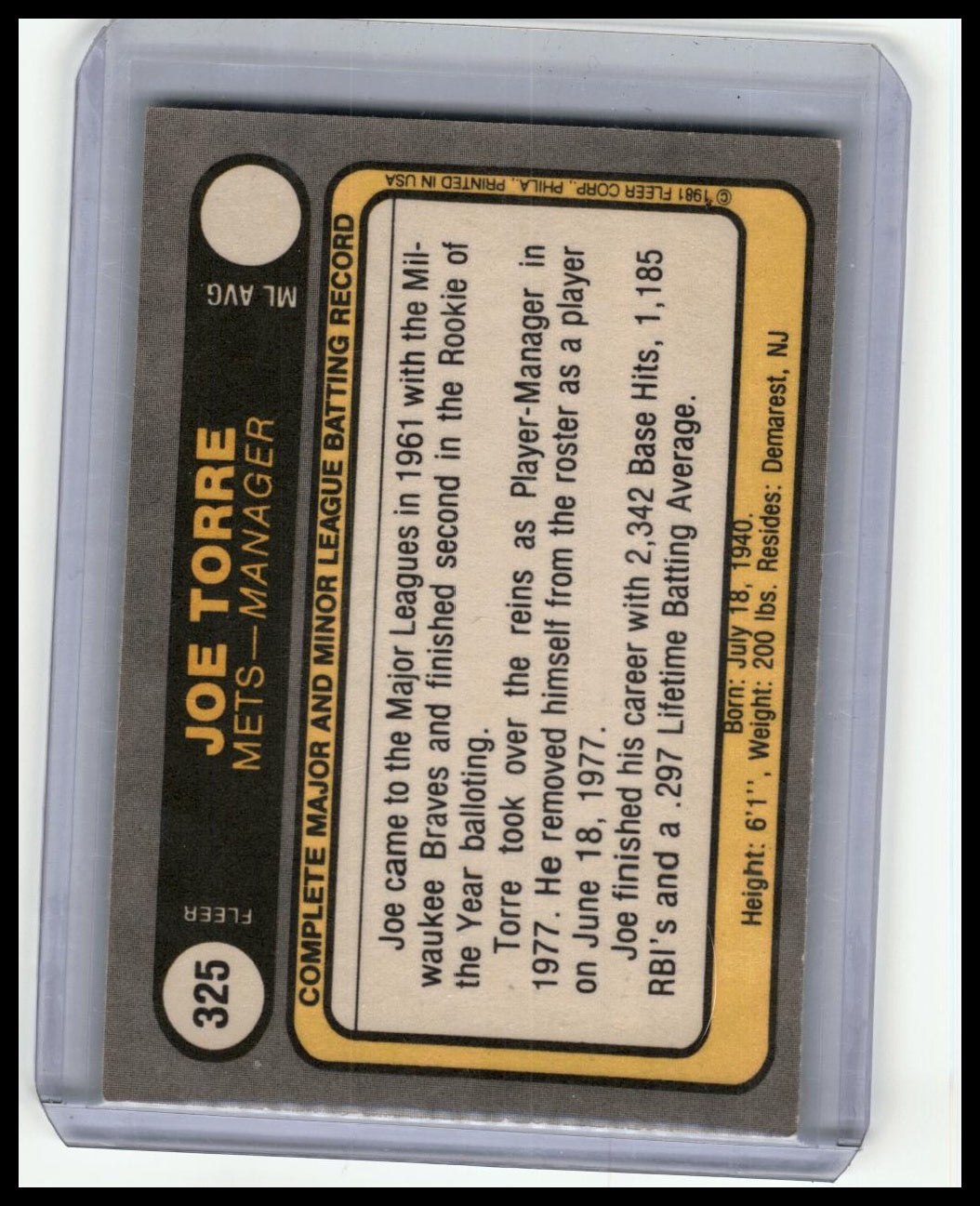 1981 Fleer #325 Joe Torre