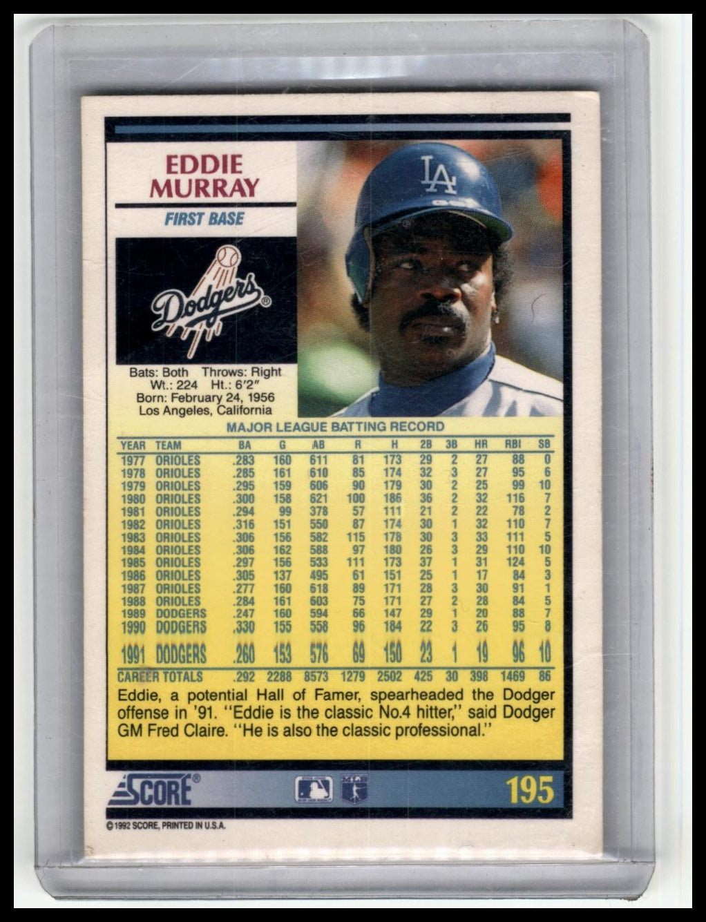 1992 Score #195 Eddie Murray