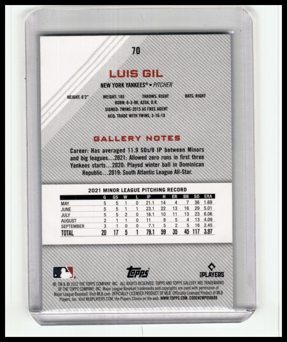 2022 Topps Gallery #70 Luis Gil Rainbow Foil