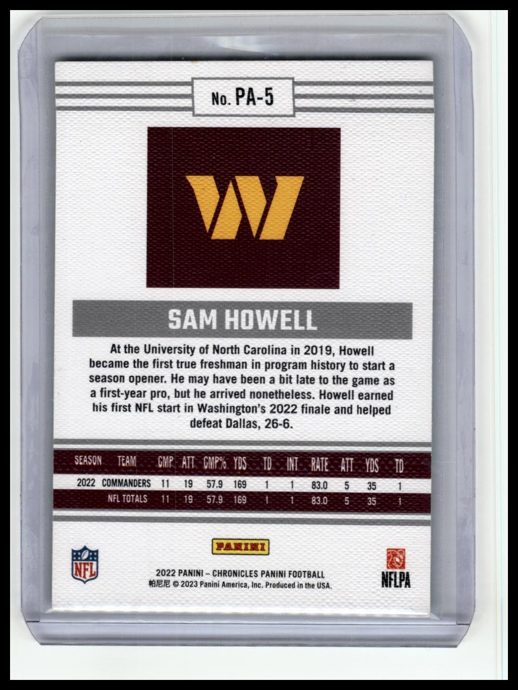 2022 Panini Chronicles #PA-5 Sam Howell Panini