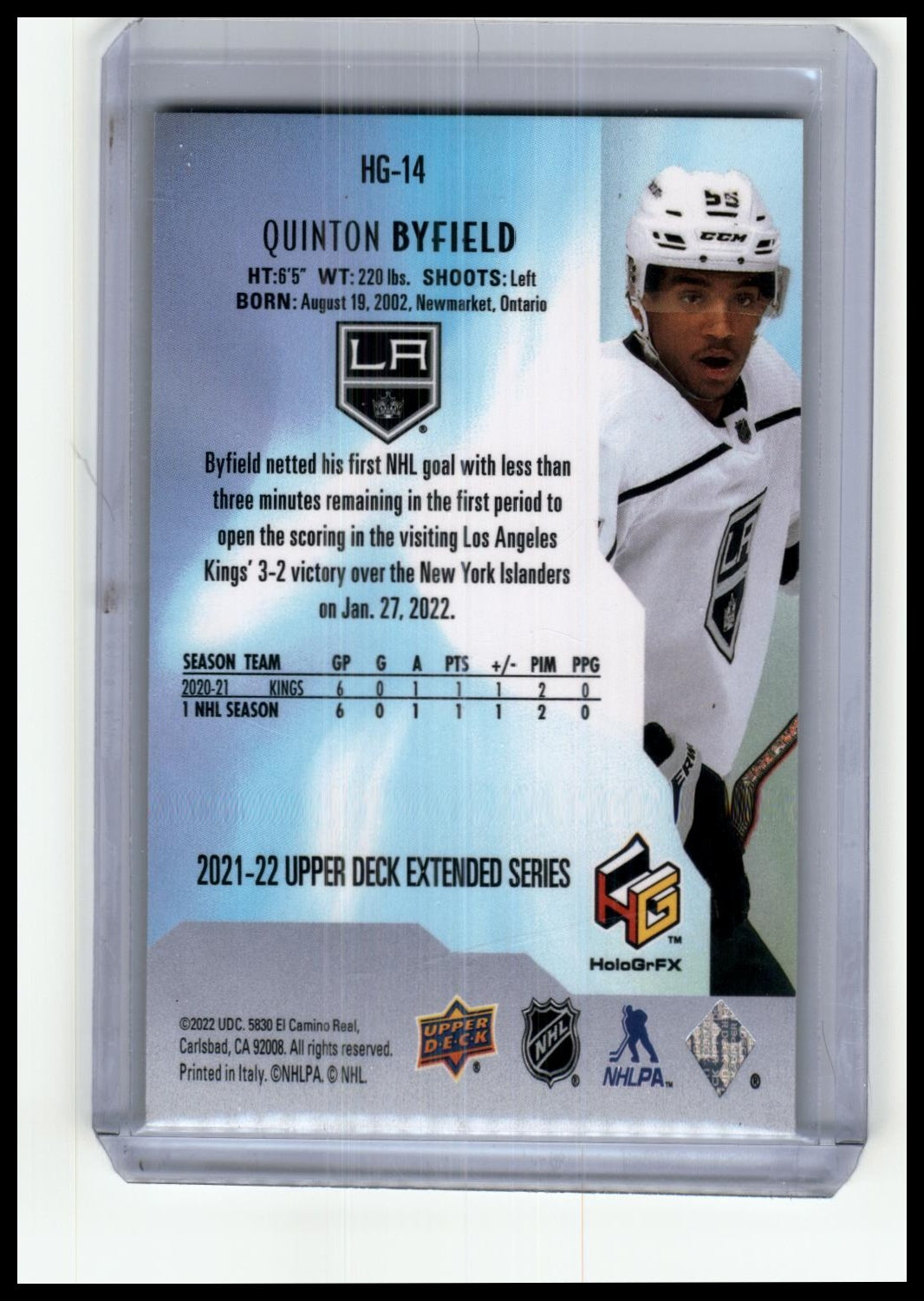 2021-22 Upper Deck #HG-14 Quinton Byfield HoloGrFx Rookies Gold