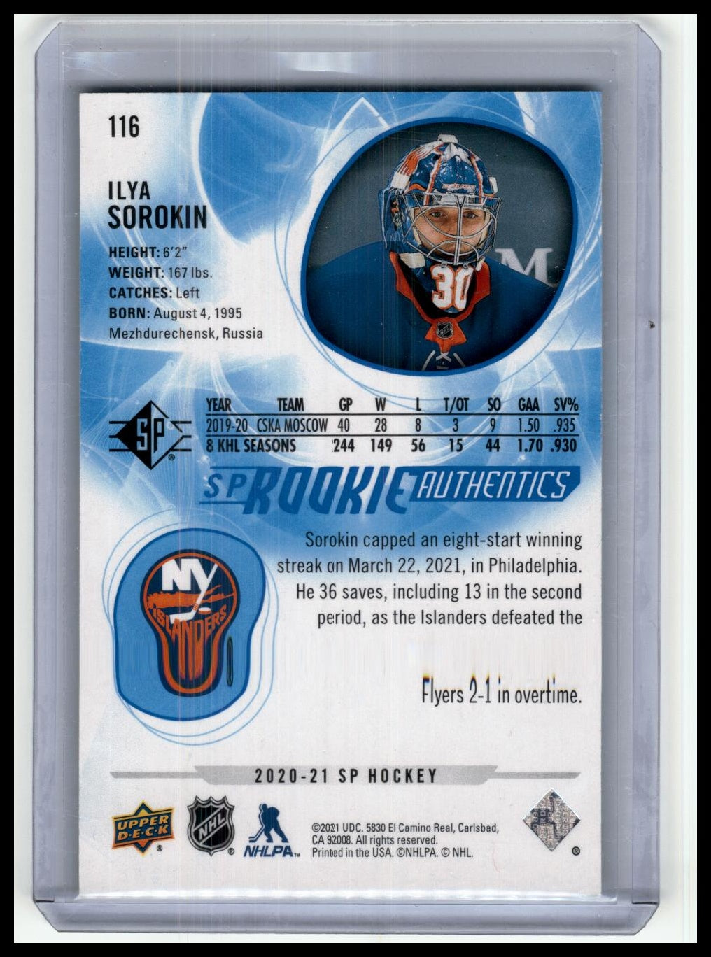 2020-21 SP #116 Ilya Sorokin Blue