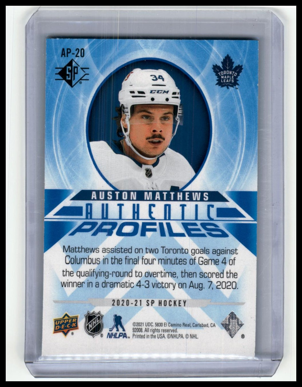 2020-21 SP #AP-20 Auston Matthews Authentic Profiles #/2299