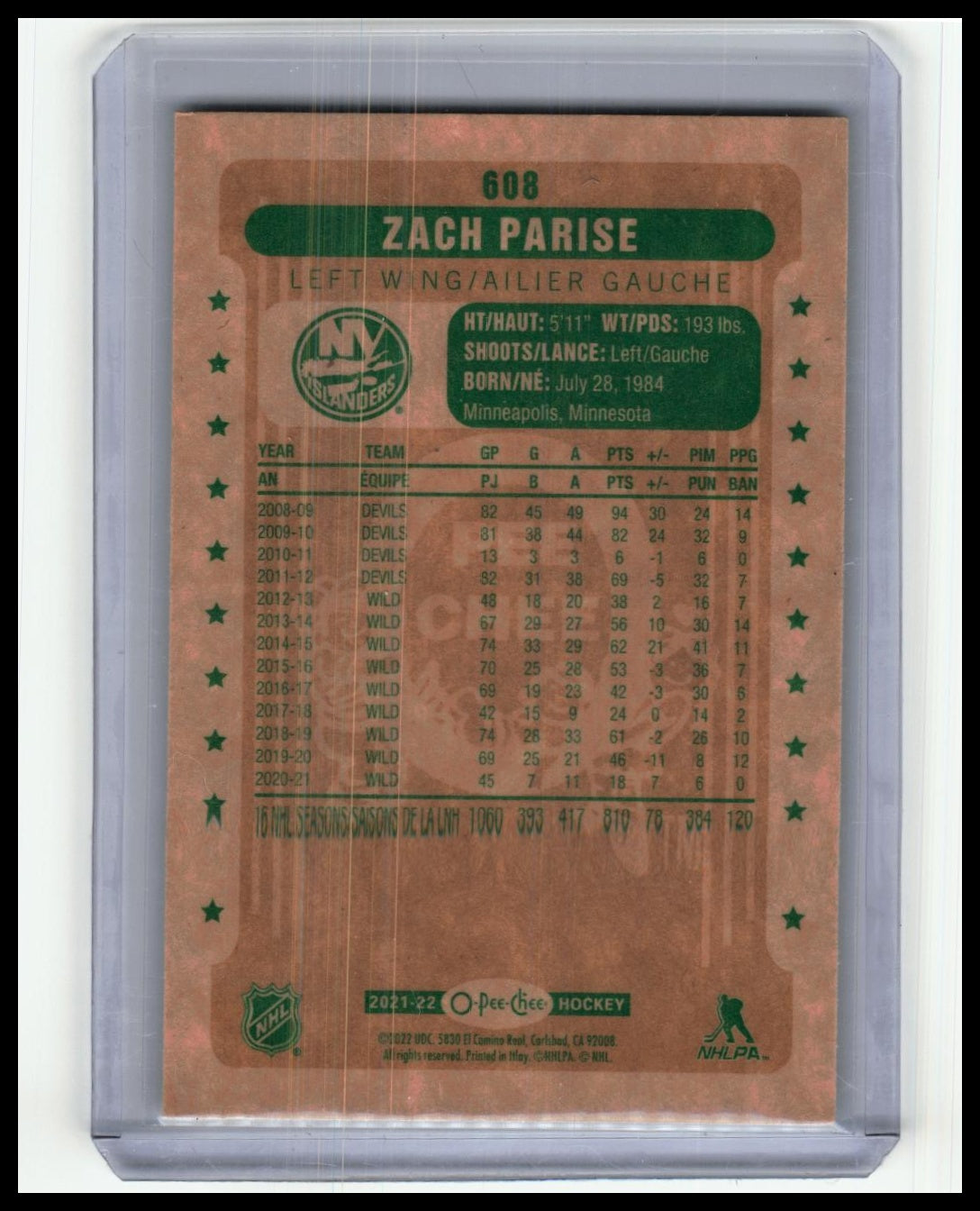 2021-22 Upper Deck #NNO Zach Parise 2021-22 O-Pee-Chee Update Retro Blank Back