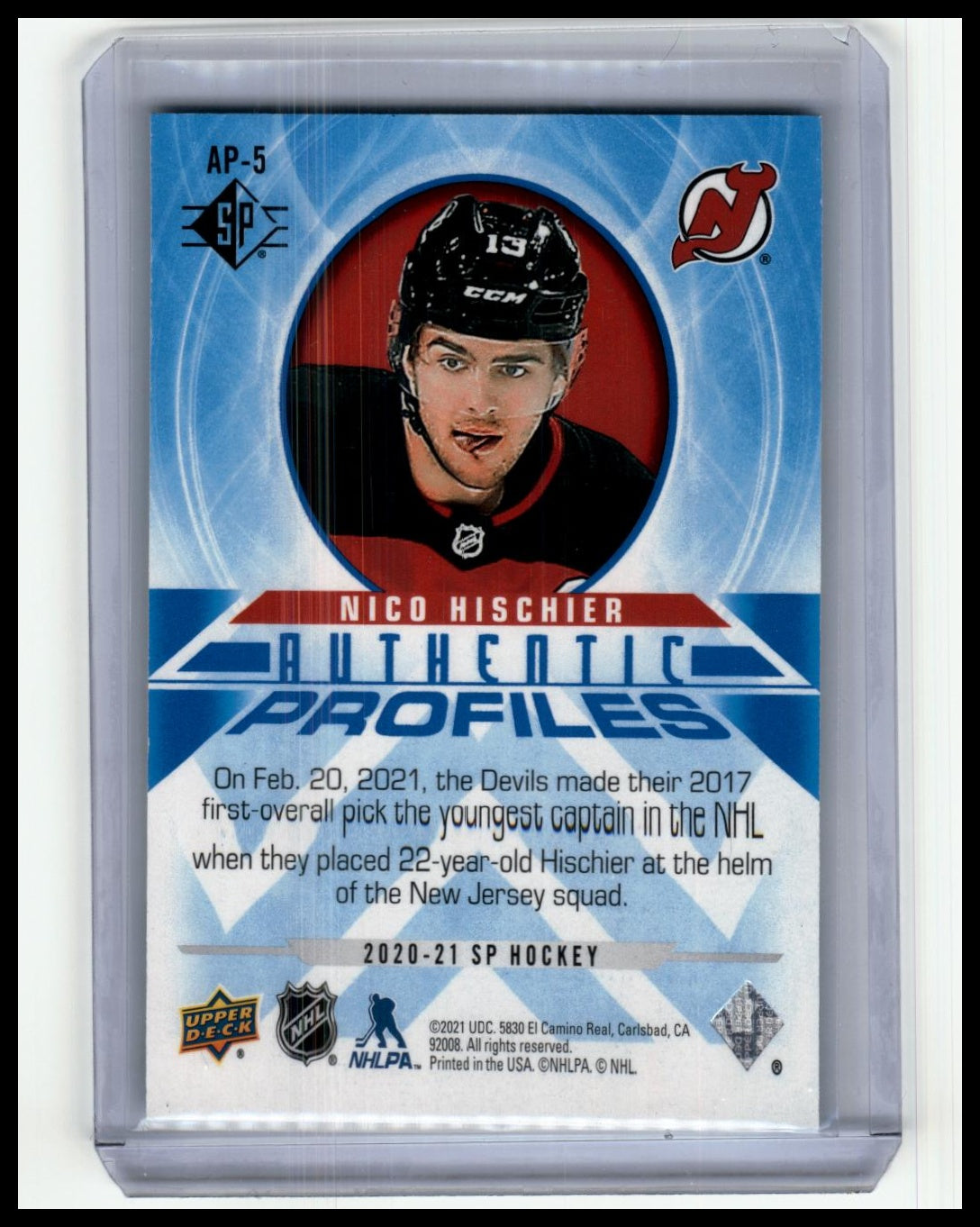 2020-21 SP #AP-5 Nico Hischier Authentic Profiles Blue