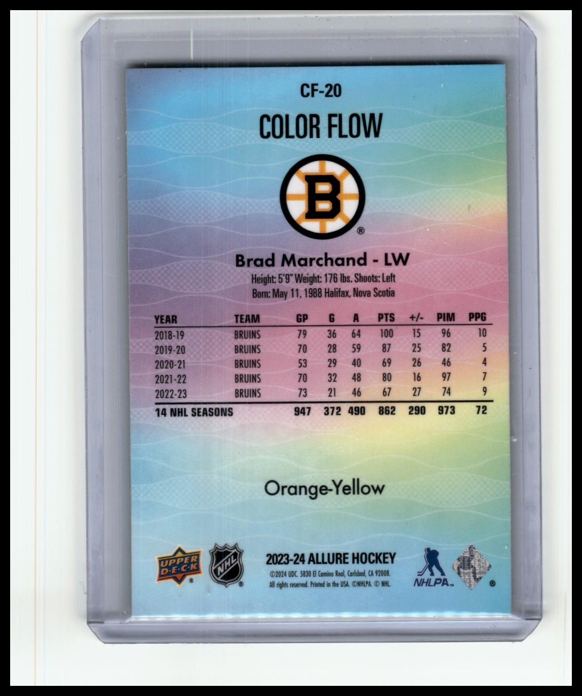 2023-24 Upper Deck Allure #CF-20 Brad Marchand Color Flow - Orange-Yellow