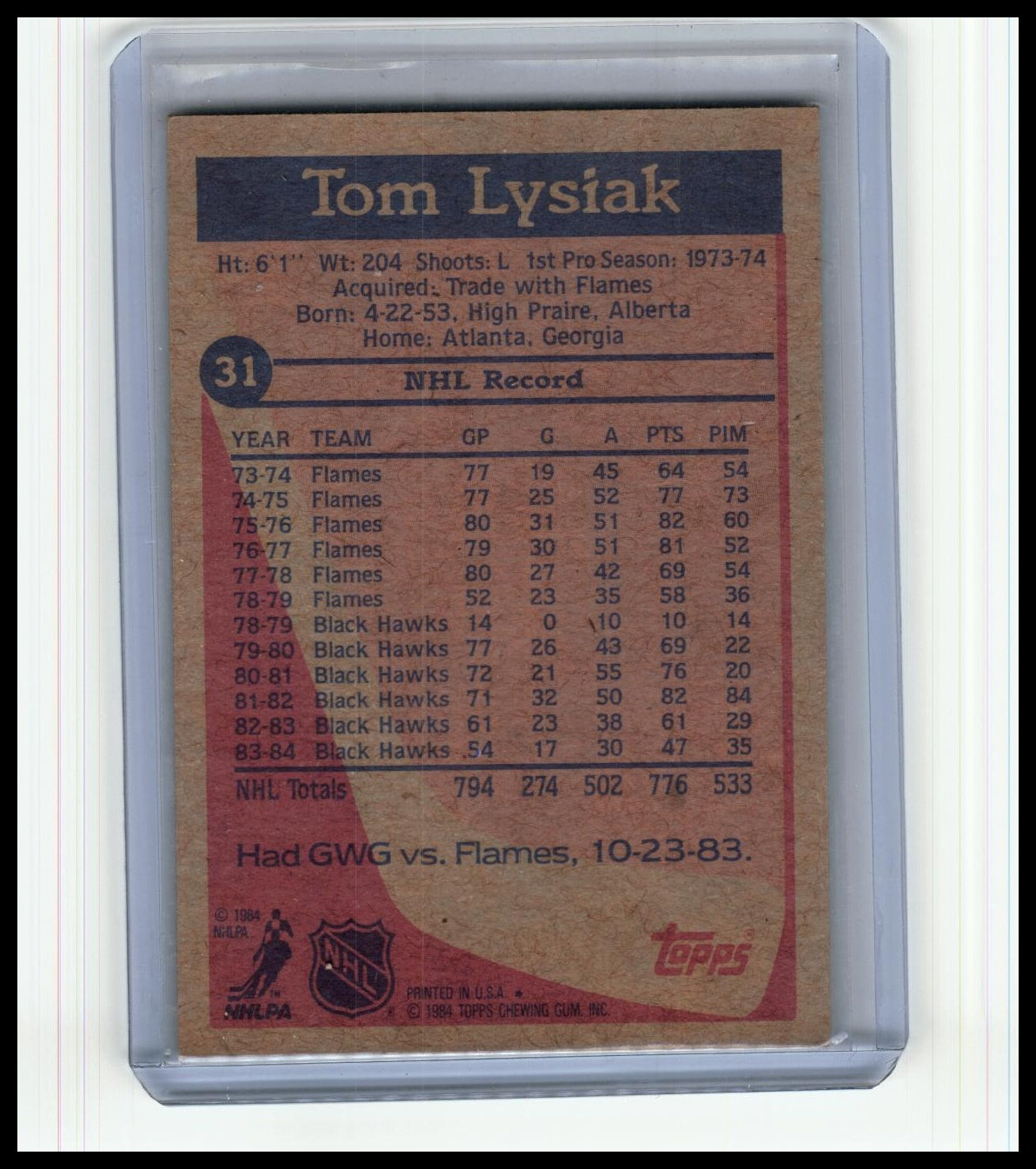 1984-85 Topps #31 Tom Lysiak