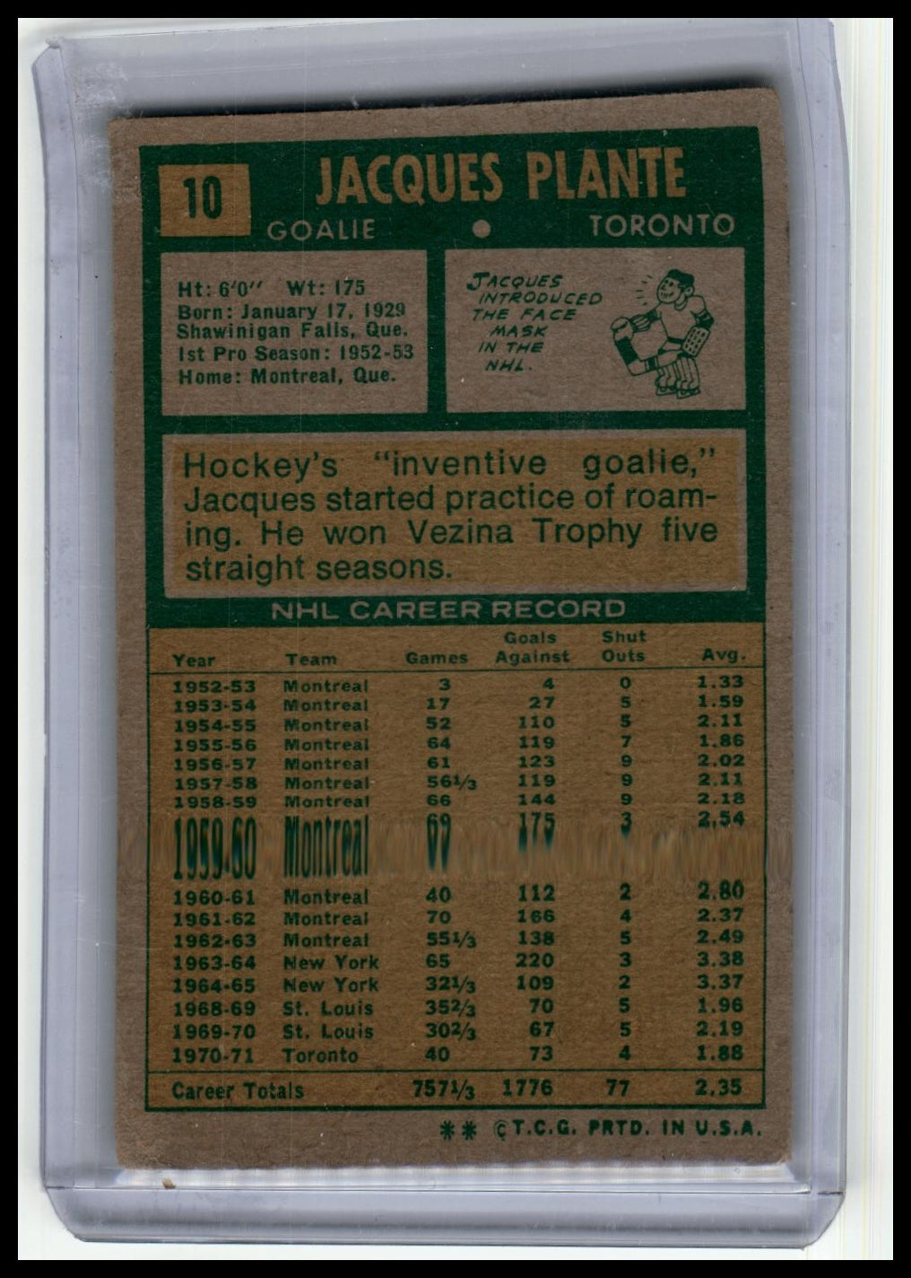 1971-72 Topps #10 Jacques Plante