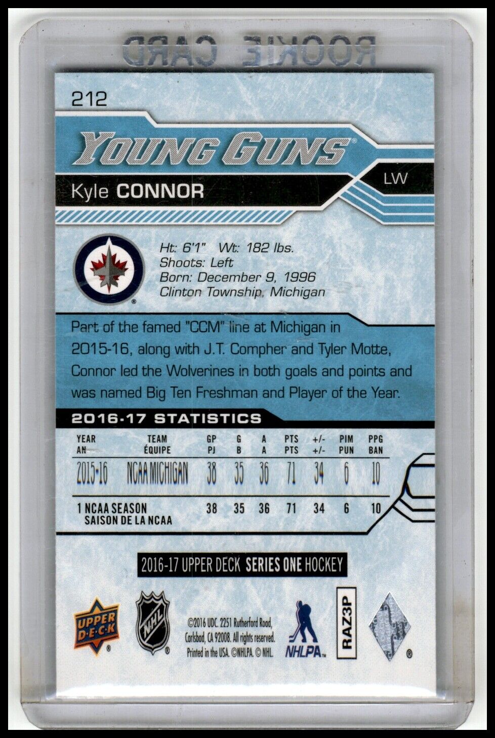 2016-17 Upper Deck #212 Kyle Connor YOUNG GUN