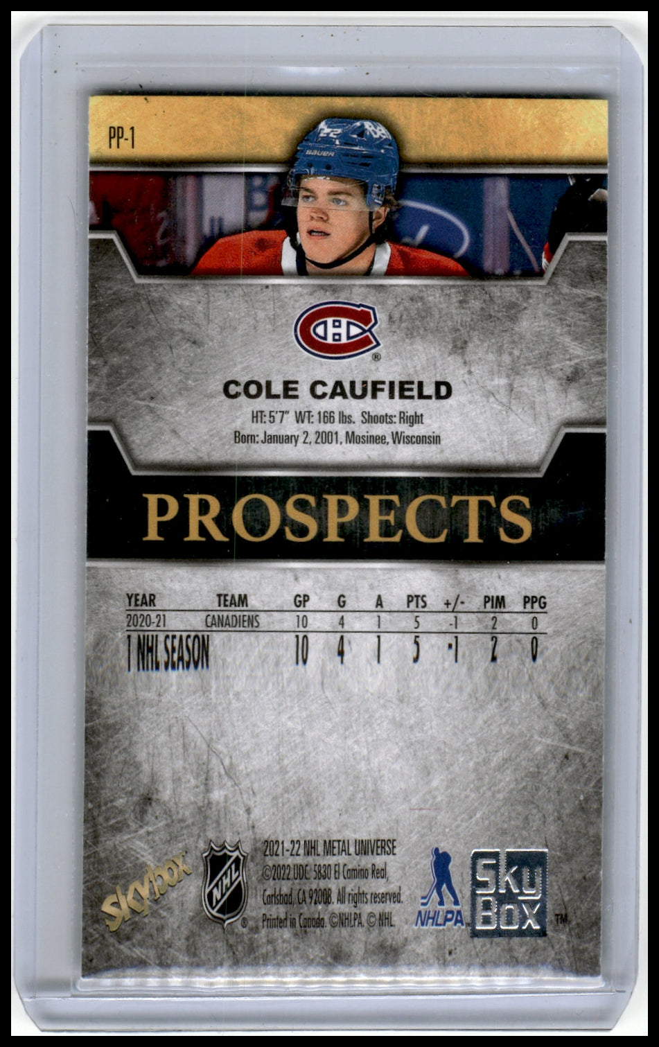 21-22 SKYBOX METAL COLE CAUFEILD PROSPECTS