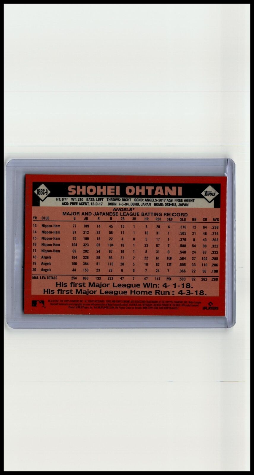 2021 Topps Chrome Ben Baller Edition #86TB-9 Shohei Ohtani 1986 Topps Baseball