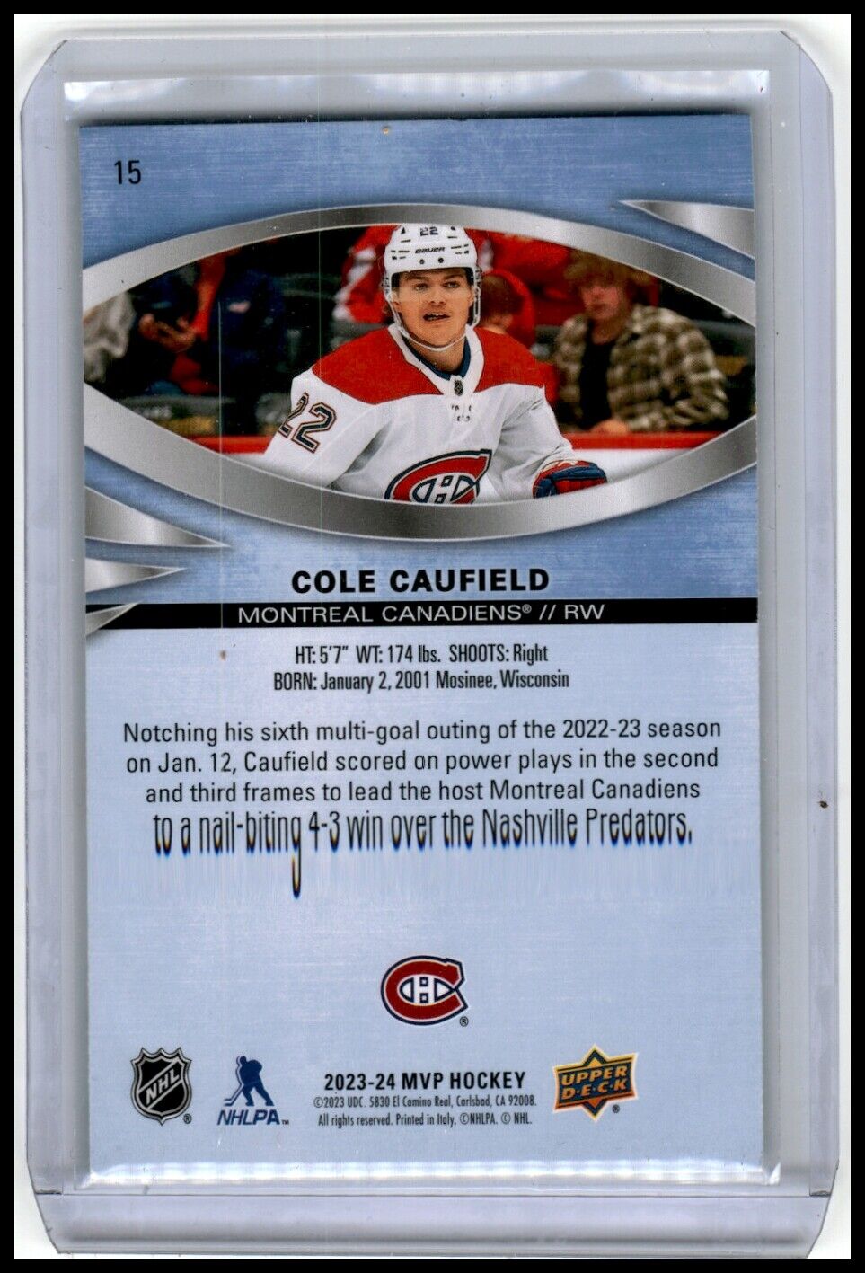 23-24 UPPER DECK MVP COLE CAUFEILD #15