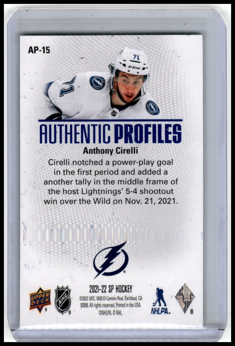 2021-22 SP #AP-15 Anthony Cirelli Authentic Profiles Blue